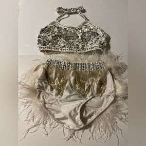 Glamour solo dance costume 2 piece white feather embellished SA-Small adult